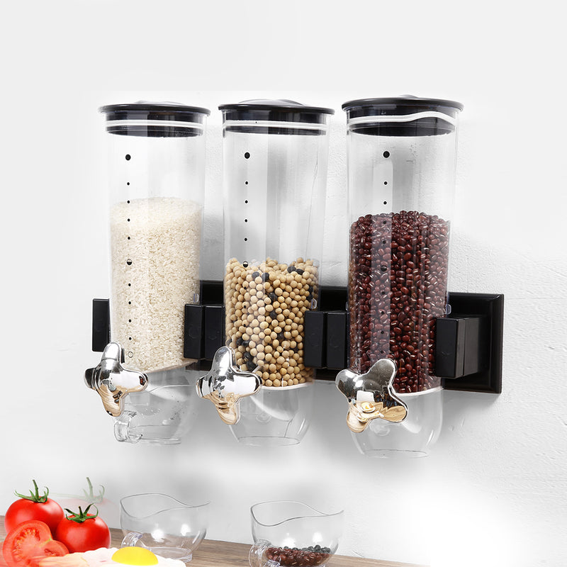 Wall Mounted Triple Cereal Dispenser Dry Food Storage Container Dispense Machine