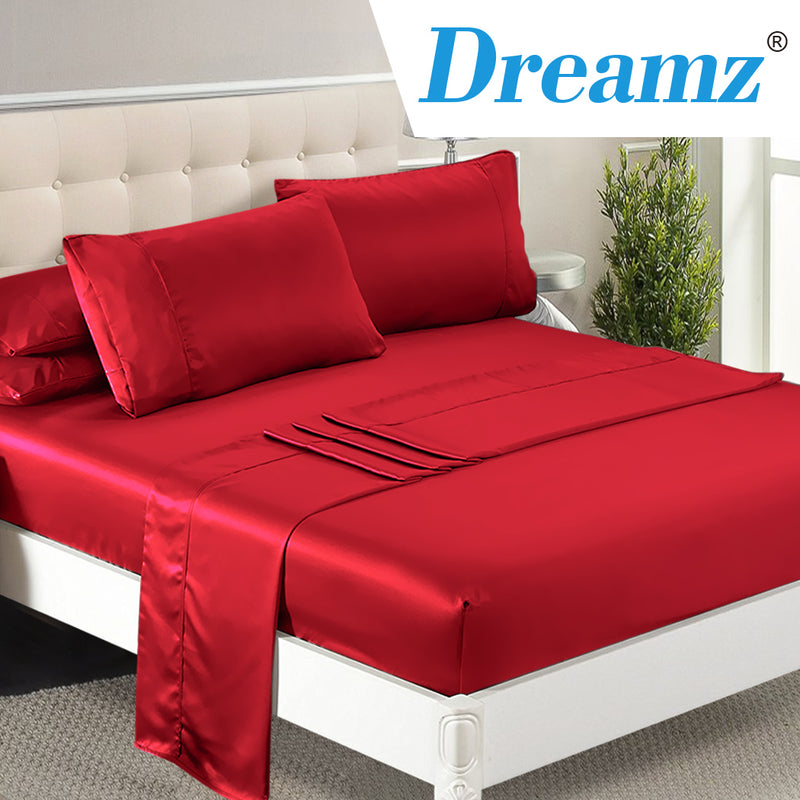DreamZ Ultra Soft Silky Satin Bed Sheet Set in Queen Size in Burgundy Colour