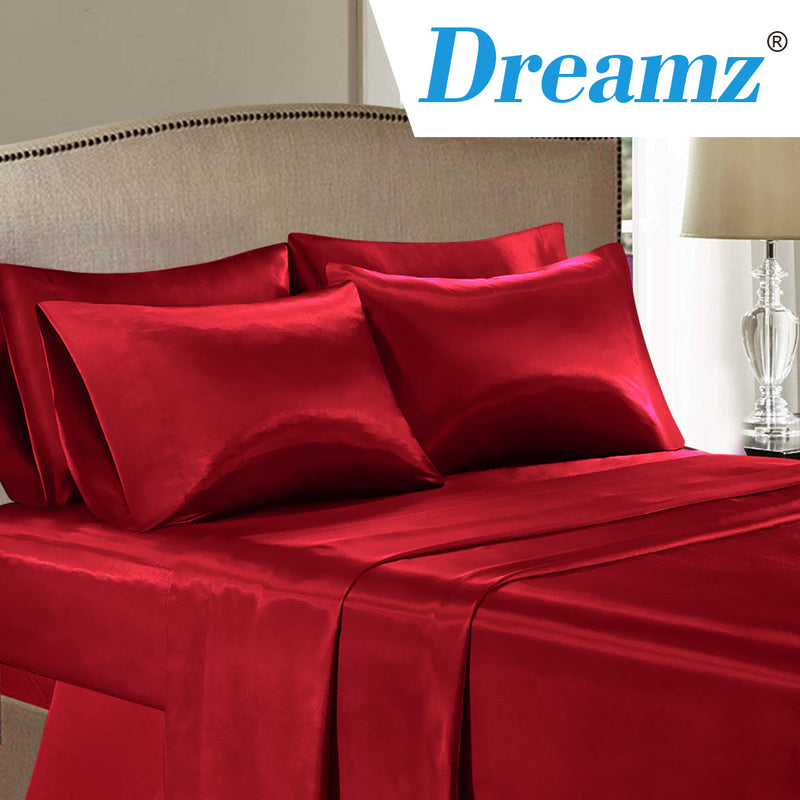 DreamZ Ultra Soft Silky Satin Bed Sheet Set in Queen Size in Burgundy Colour