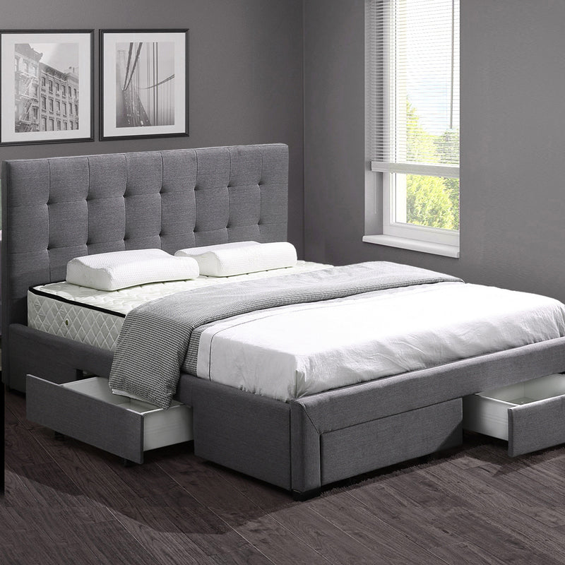 Levede Bed Frame Base With Storage Drawer Mattress Wooden Fabric Double Dark Grey