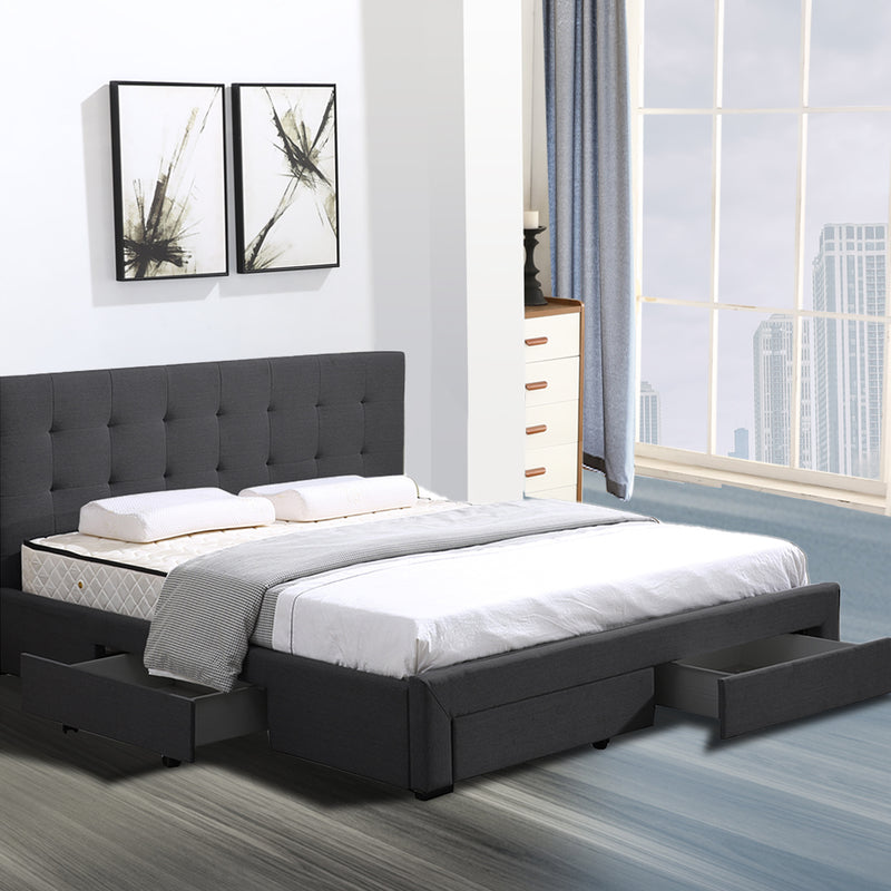 Levede Bed Frame Base With Storage Drawer Mattress Wooden Fabric King Dark Grey