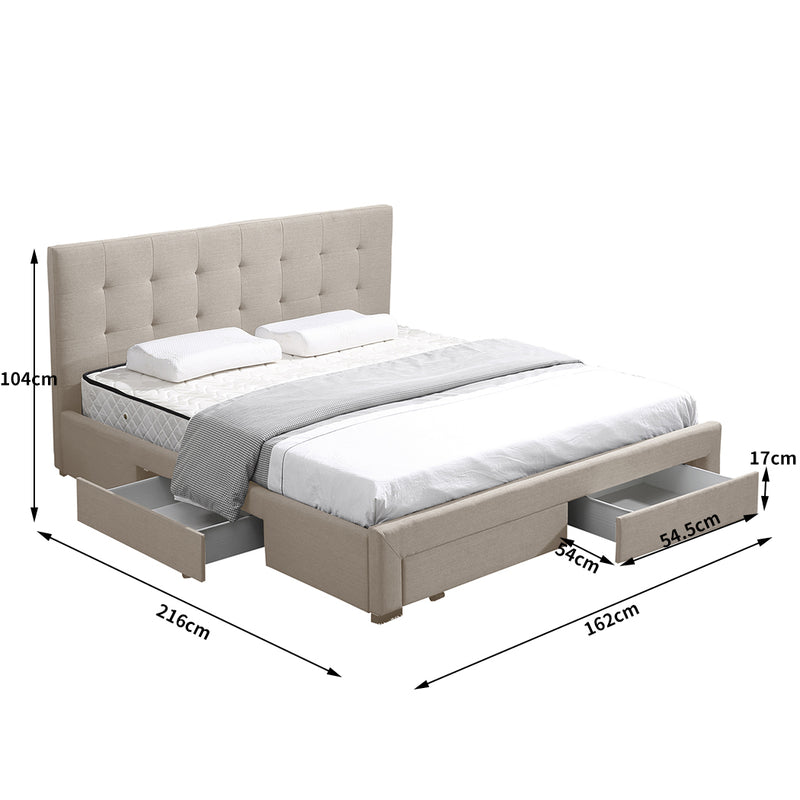 Levede Bed Frame  Queen Fabric With Drawers Storage Wooden Mattress Beige