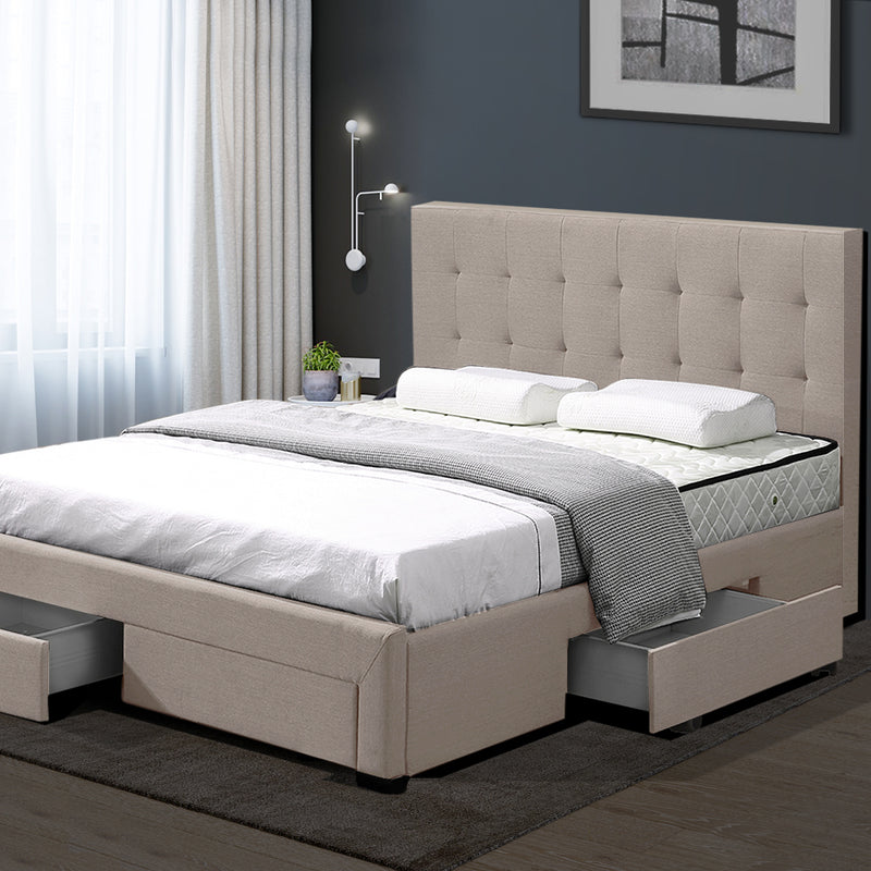 Levede Bed Frame  Queen Fabric With Drawers Storage Wooden Mattress Beige