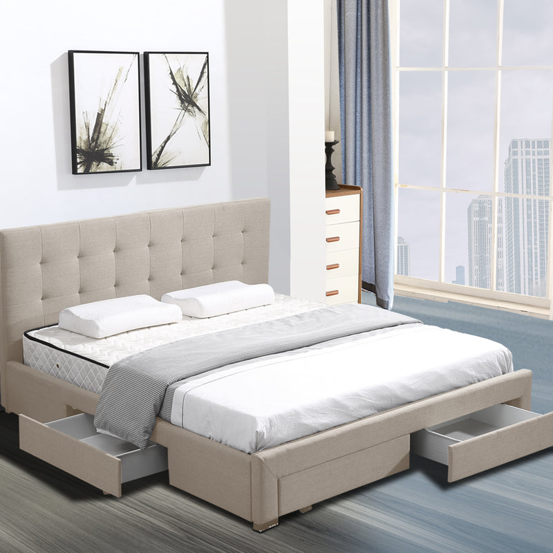 Levede Bed Frame  Queen Fabric With Drawers Storage Wooden Mattress Beige