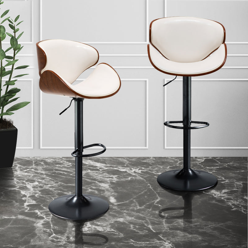 Levede 1x Kitchen Bar Stools Gas Lift Wooden Beech Stool Metal White Barstools