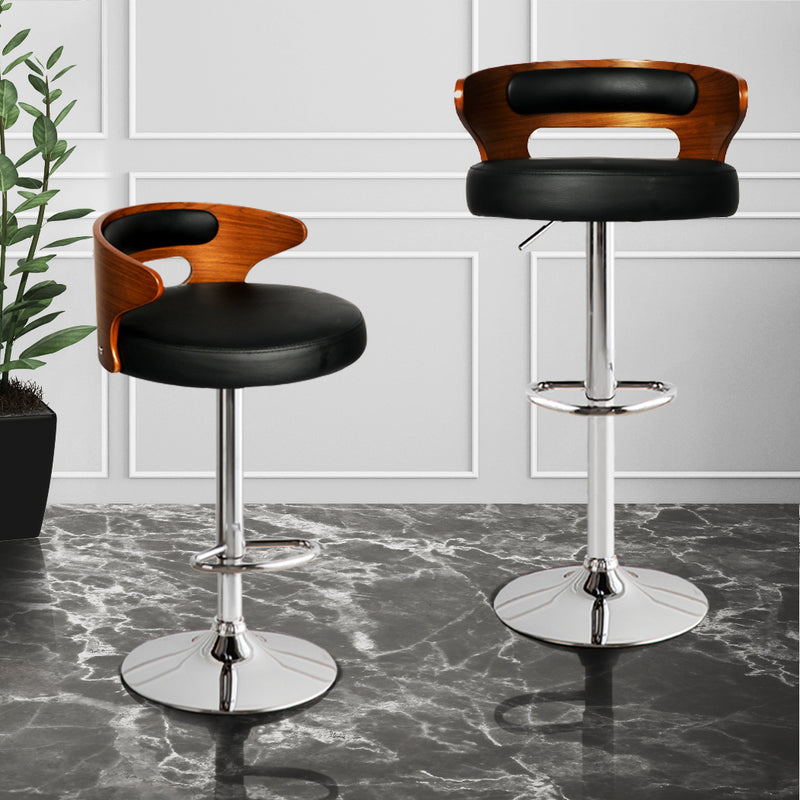 Levede 1x Kitchen Bar Stools Gas Lift Wooden Beech Stool Metal Black Barstools