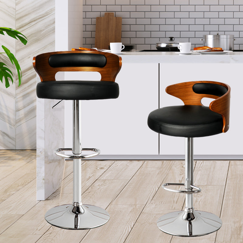 Levede 1x Kitchen Bar Stools Gas Lift Wooden Beech Stool Metal Black Barstools