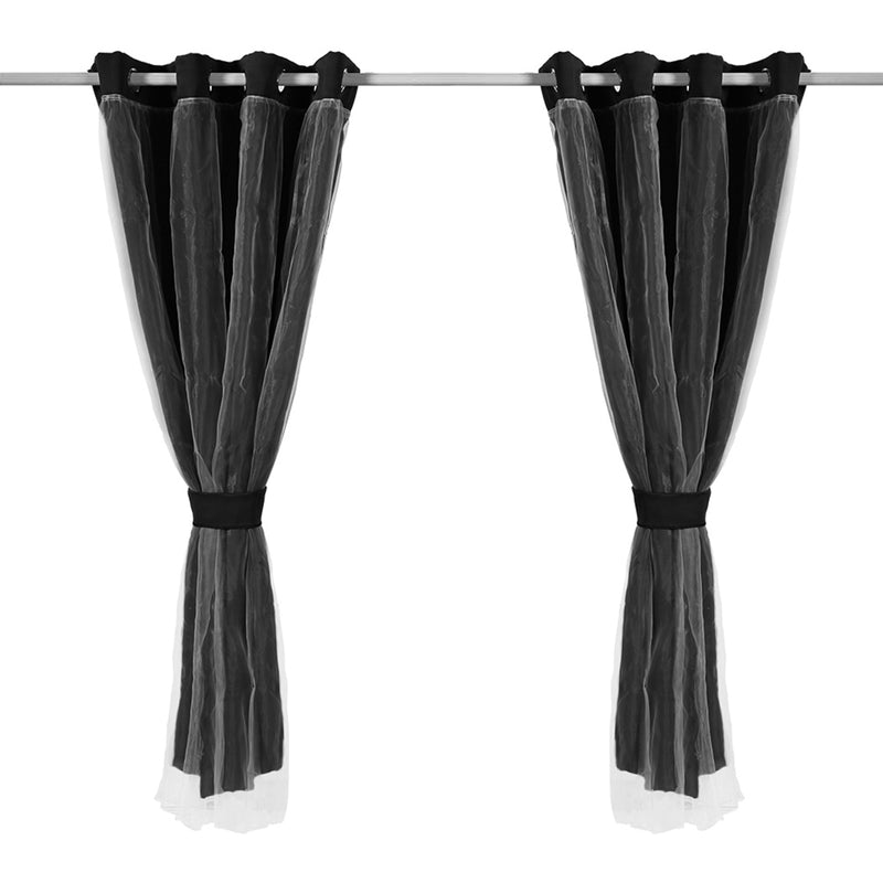 2x Blockout Curtains Panels 3 Layers with Gauze Room Darkening 140x244cm Black