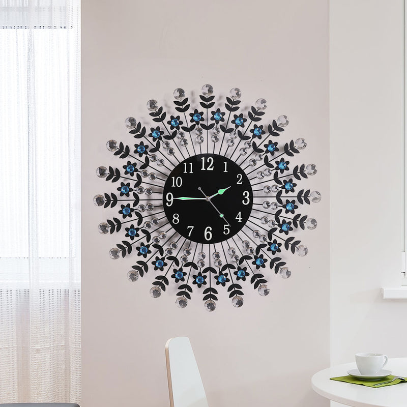 Large Modern 3D Crystal Wall Clock Luxury Black Glass Round Dial Home Office