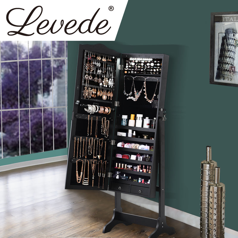 Levede Dual Use Mirrored Jewellery Dressing Cabinet with LED Light in Black