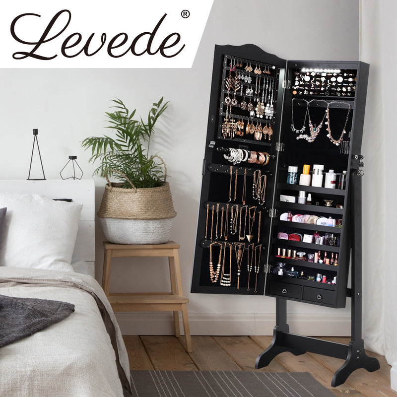 Levede Dual Use Mirrored Jewellery Dressing Cabinet with LED Light in Black