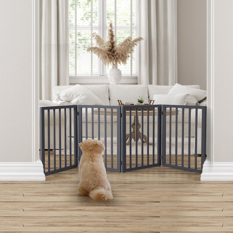 Wooden Pet Gate Dog Fence Retractable Barrier Portable Door 4 Panel Grey