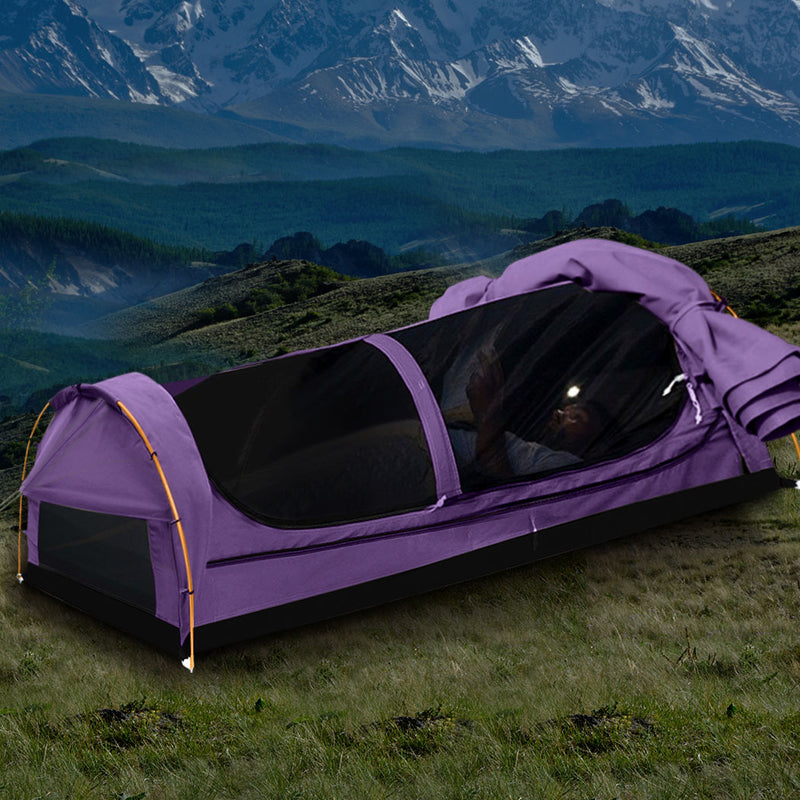 Mountview King Single Swag Camping Swags Canvas Dome Tent Hiking Mattress Purple