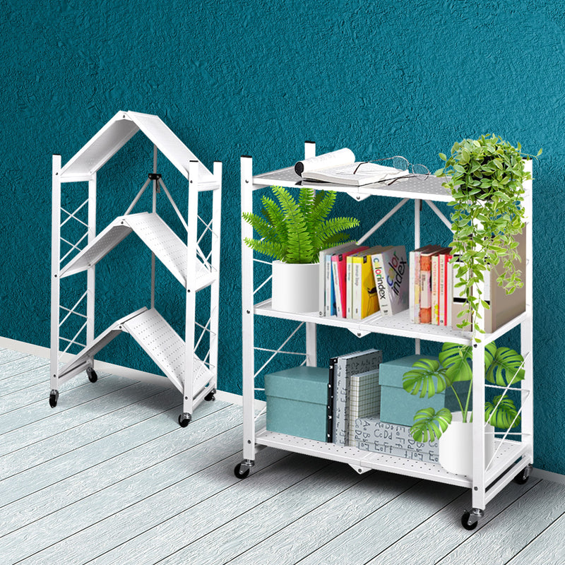 Foldable Storage Shelf Display Rack Bookshelf Bookcase Wheel Collapsible Cart