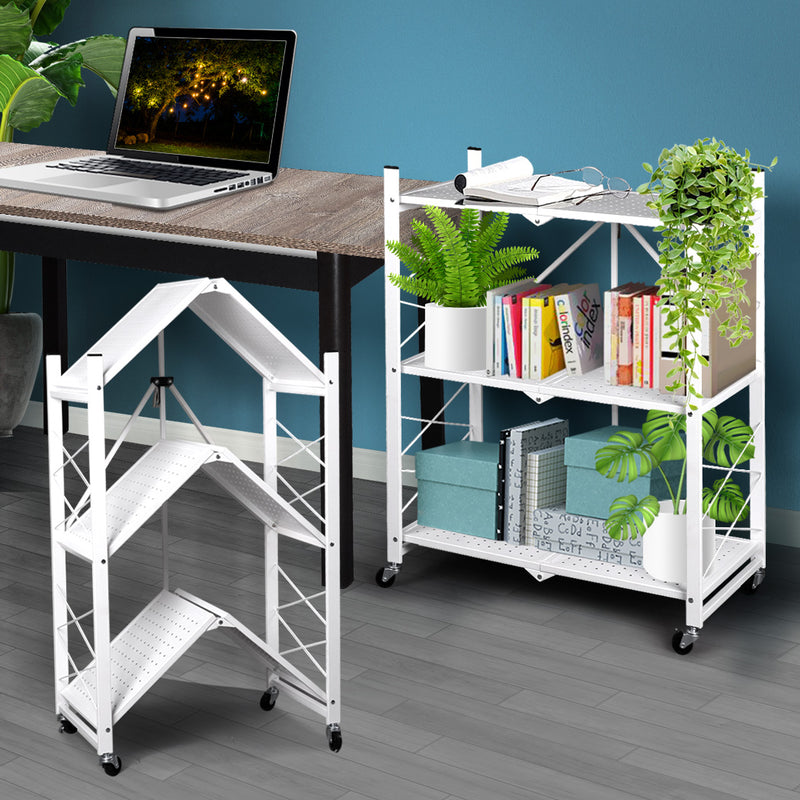 Foldable Storage Shelf Display Rack Bookshelf Bookcase Wheel Collapsible Cart