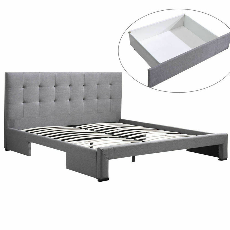 Levede Bed Frame Double King Fabric With Drawers Storage Wooden Mattress Grey