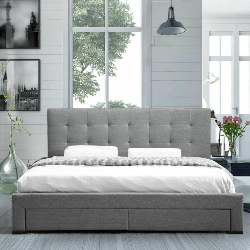 Levede Bed Frame Double King Fabric With Drawers Storage Wooden Mattress Grey