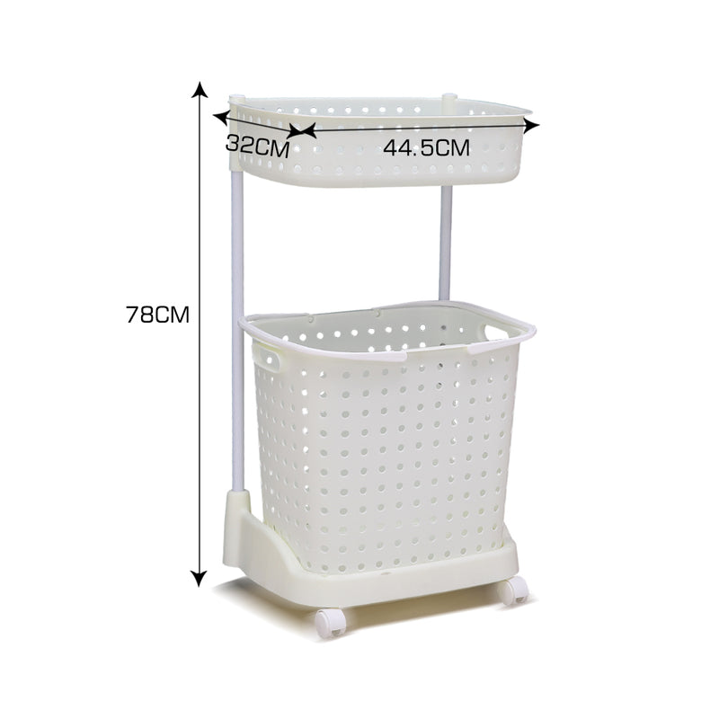 2 Tier Bathroom Laundry Clothes Baskets Bin Hamper Mobile Rack Removable Shelf