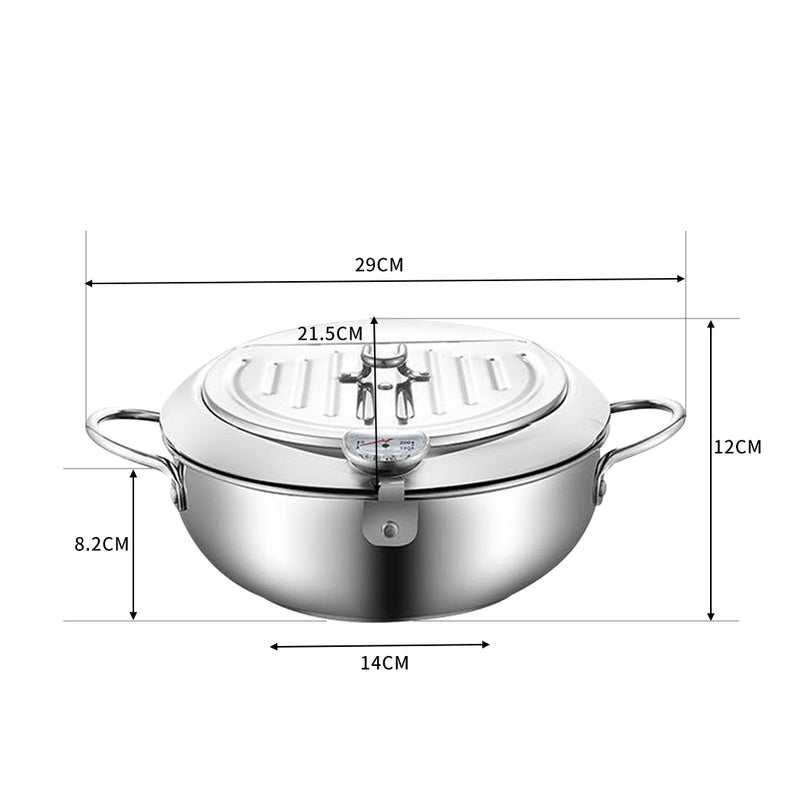 20cm Japanese Deep Frying Pot Thermometer Stainless Steel Tempura Fryer Silver