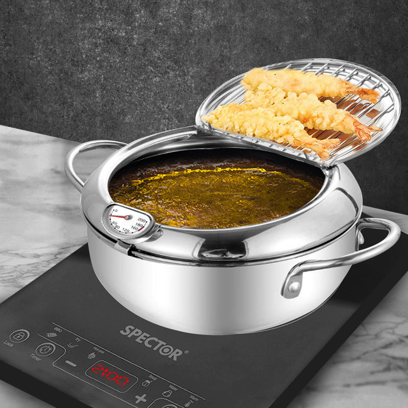 20cm Japanese Deep Frying Pot Thermometer Stainless Steel Tempura Fryer Silver