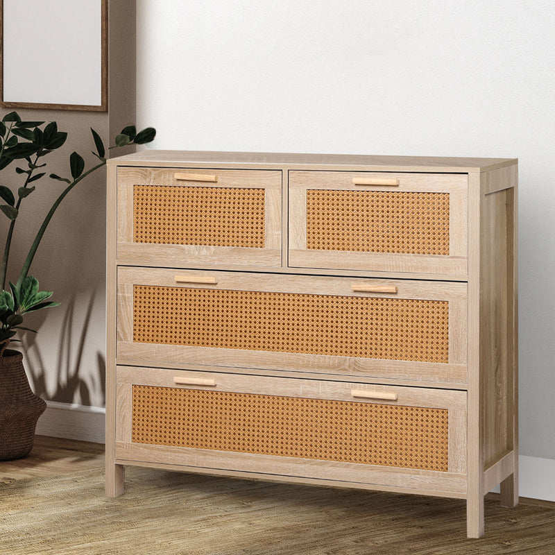Levede Storage Cabinet Rattan Dresser Chest of Drawers Tallboy Wooden 4 Drawers