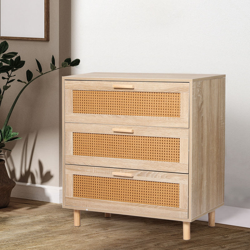 Levede Storage Cabinet Rattan Dresser Chest of Drawers Tallboy Wooden 3 Drawers