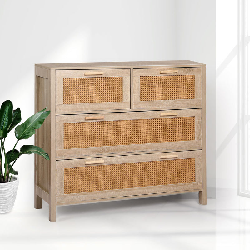Levede Storage Cabinet Rattan Dresser Chest of Drawers Tallboy Wooden 4 Drawers